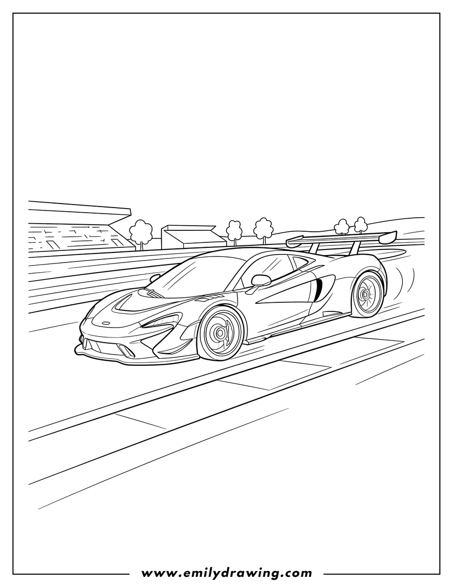 Clean line drawing: mclaren race car with a large spoiler speeding on a track To Color Scaled