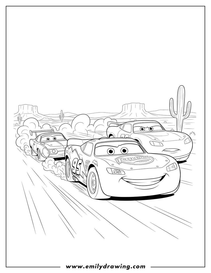 Vector style outline of mcqueen, Bruiser Bukowski, and King racing, with Mcqueen in the lead, smiling