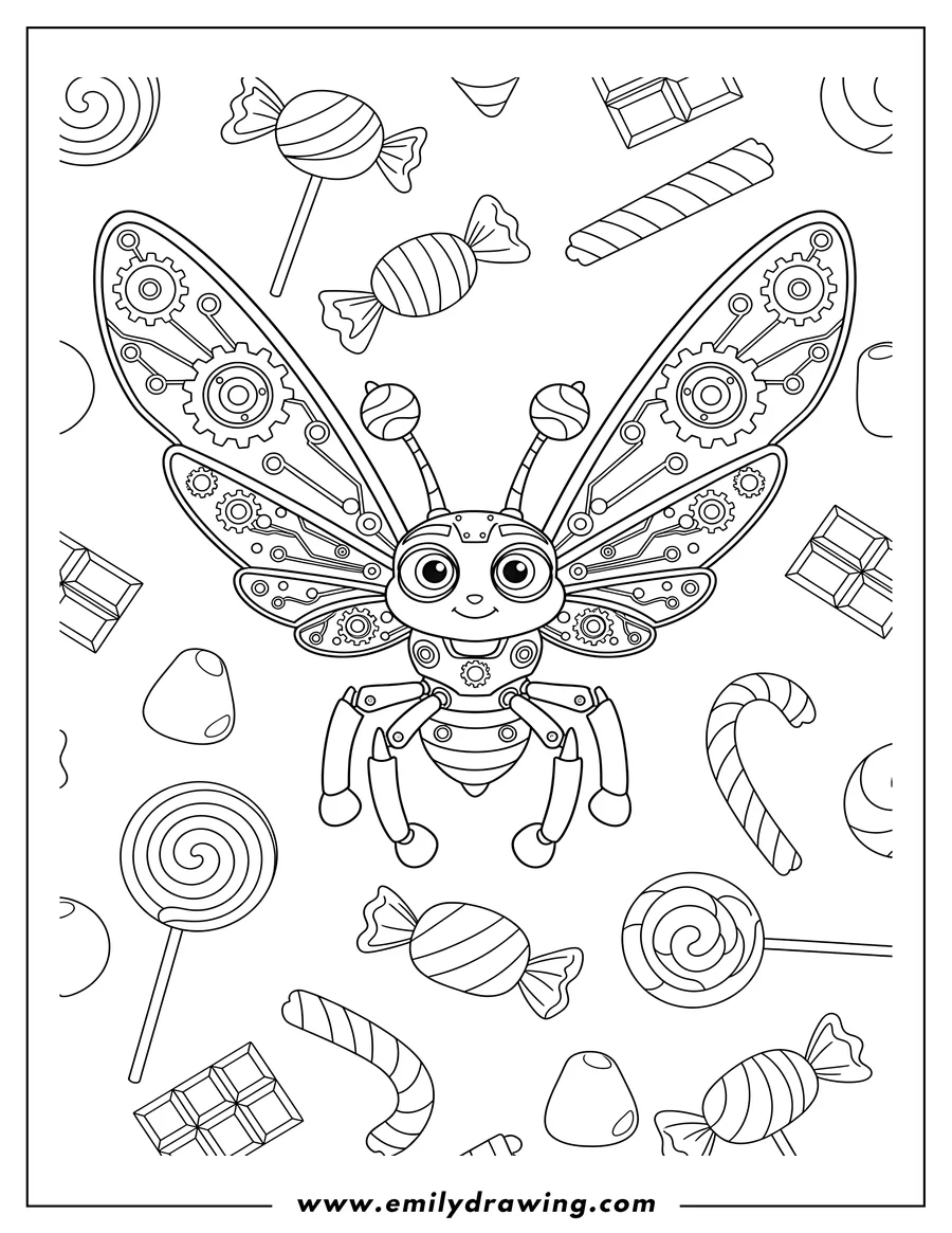 Linear illustration of A mechanical Cy Bug with spread wings, surrounded by candies and lollipops