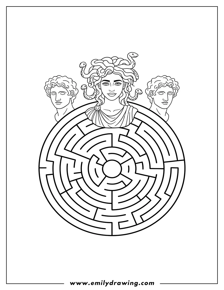 High quality printable medusa bust with snake hair, flanked by male busts, above a mythical labyrinth for coloring
