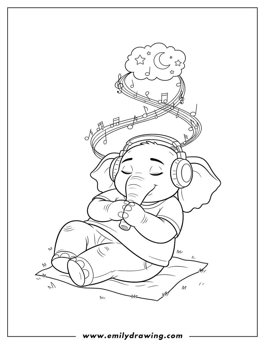 Full page coloring image of meena the elephant, reclining with her hands clasped, is daydreaming while listening to music