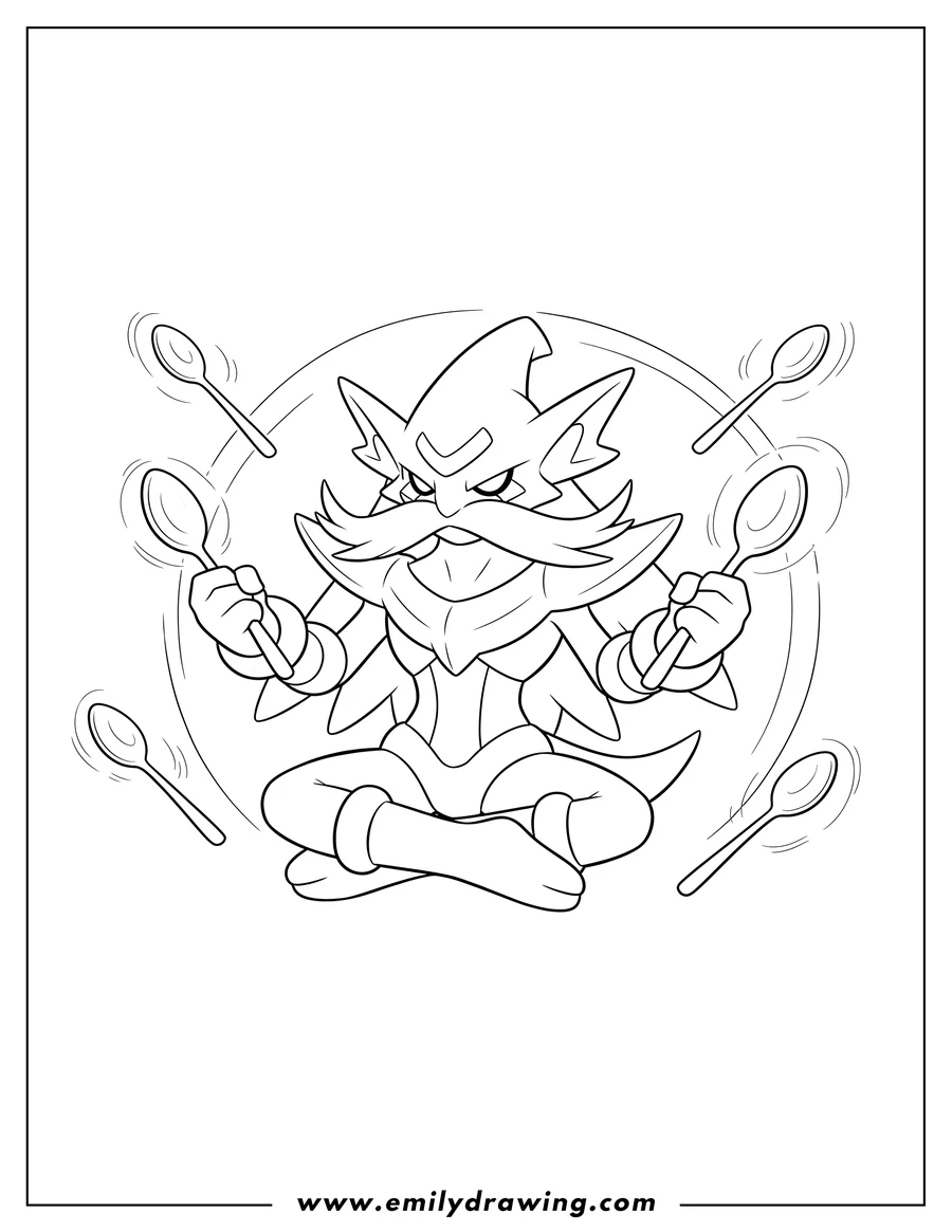 Printable line art of mega Pokemon Video Game, Mega Alakazam meditating with floating spoons