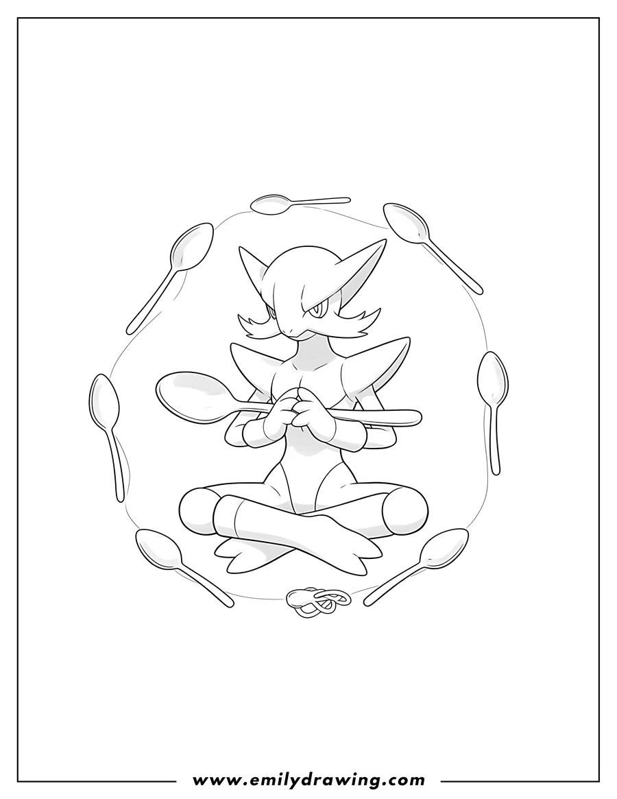 Downloadable coloring page of mega Alakazam sitting in a meditative pose with hands clasped, surrounded by levitating spoons