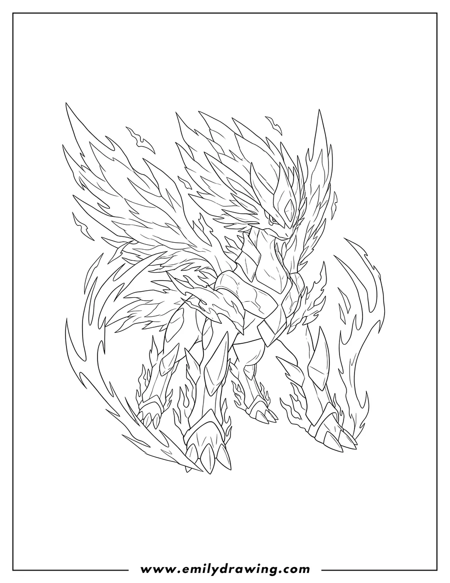 PDF style coloring page: mega Arceus Evolution with fiery energy