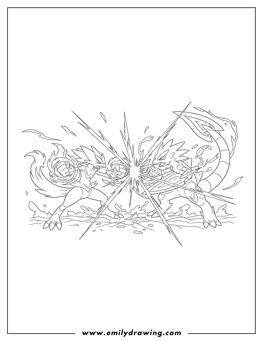 Full page coloring image of mega Blakizen Evolution: Mega Blaziken and Mega Sceptile clashing with energy