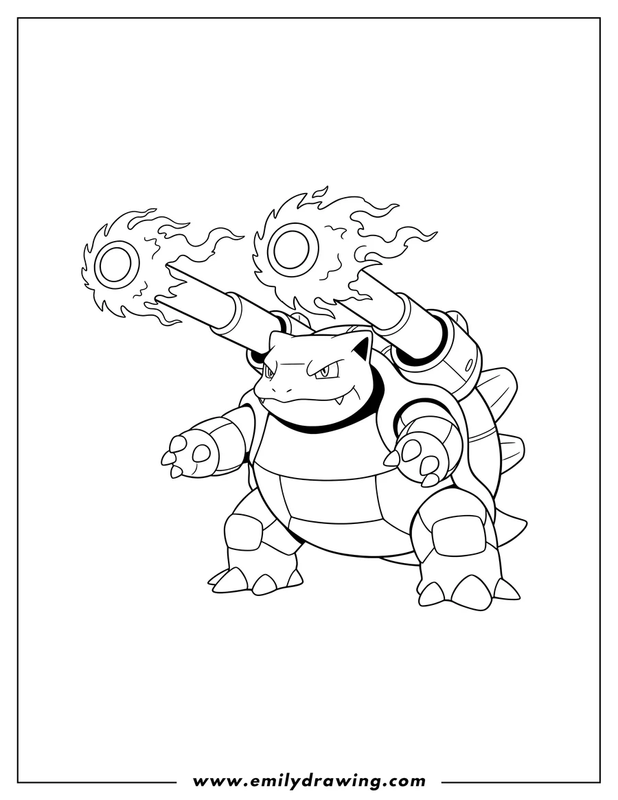 Printable coloring page of mega Blastoise blasting fire from its back cannon