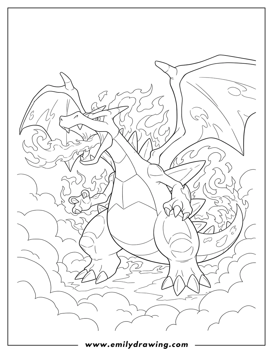 Coloring page for kids: mega Charizard X in an aggressive pose, surrounded by fire