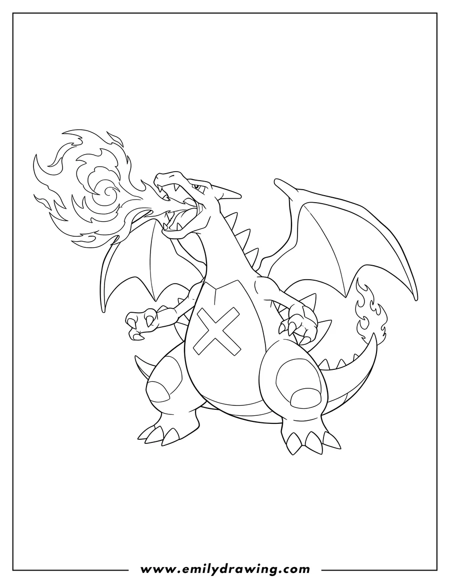 Coloring page of mega Charizard X standing and breathing fire