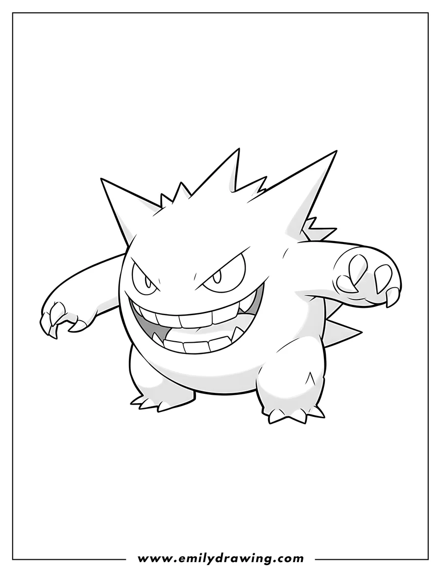Clean line drawing: mega Gengar, grinning mischievously with sharp teeth, in a dynamic pose