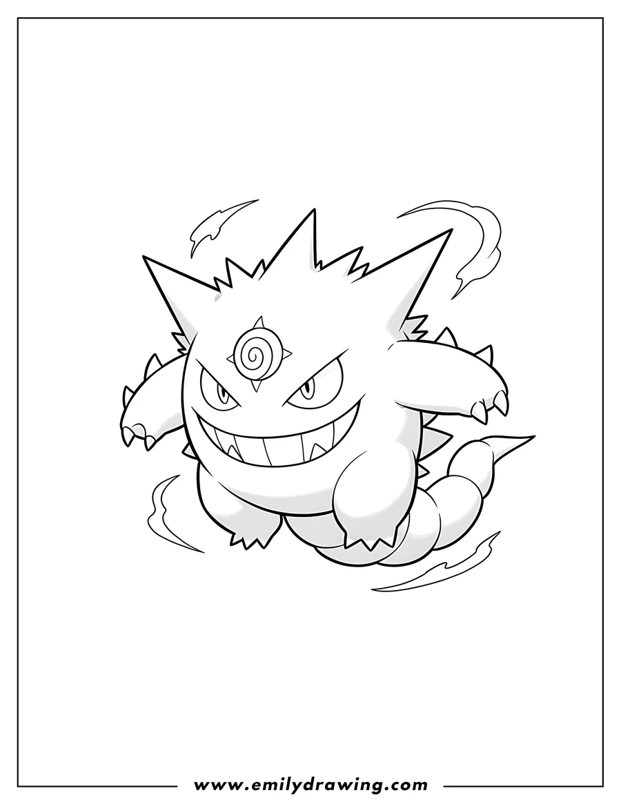 Free to print drawing of mega Gengar Flying with a mischievous grin and a third eye