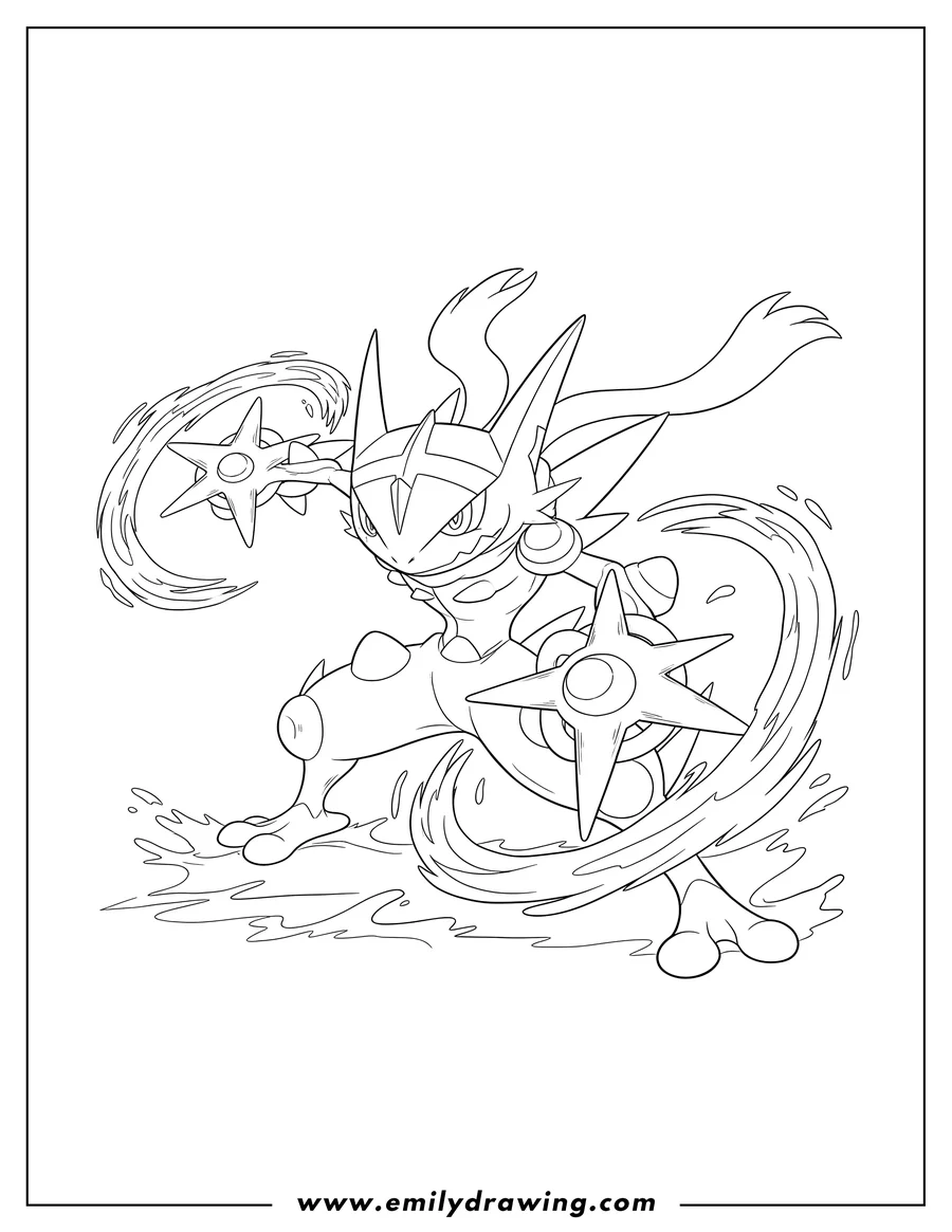 Printable coloring page of mega Greninja with water shurikens