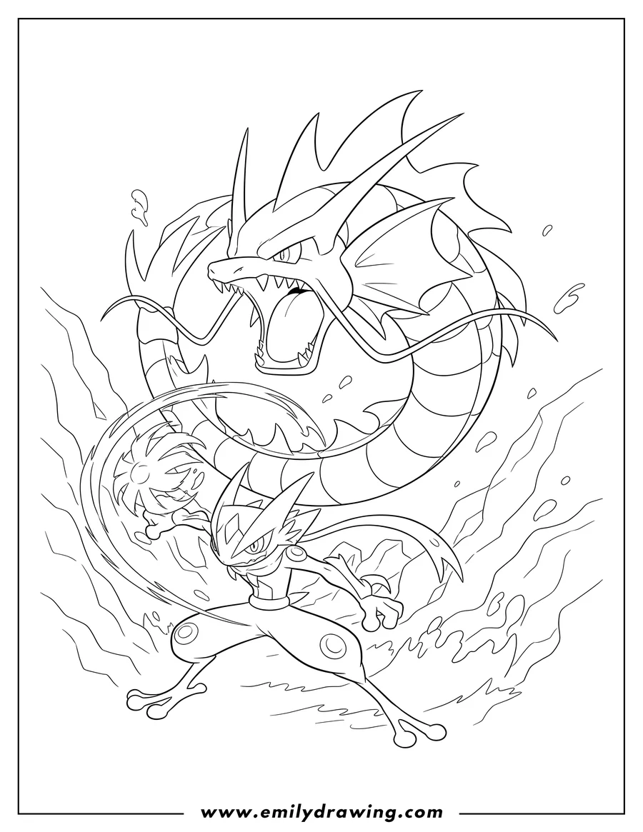 Clean line drawing: mega Gyarados roaring and Greninja in action
