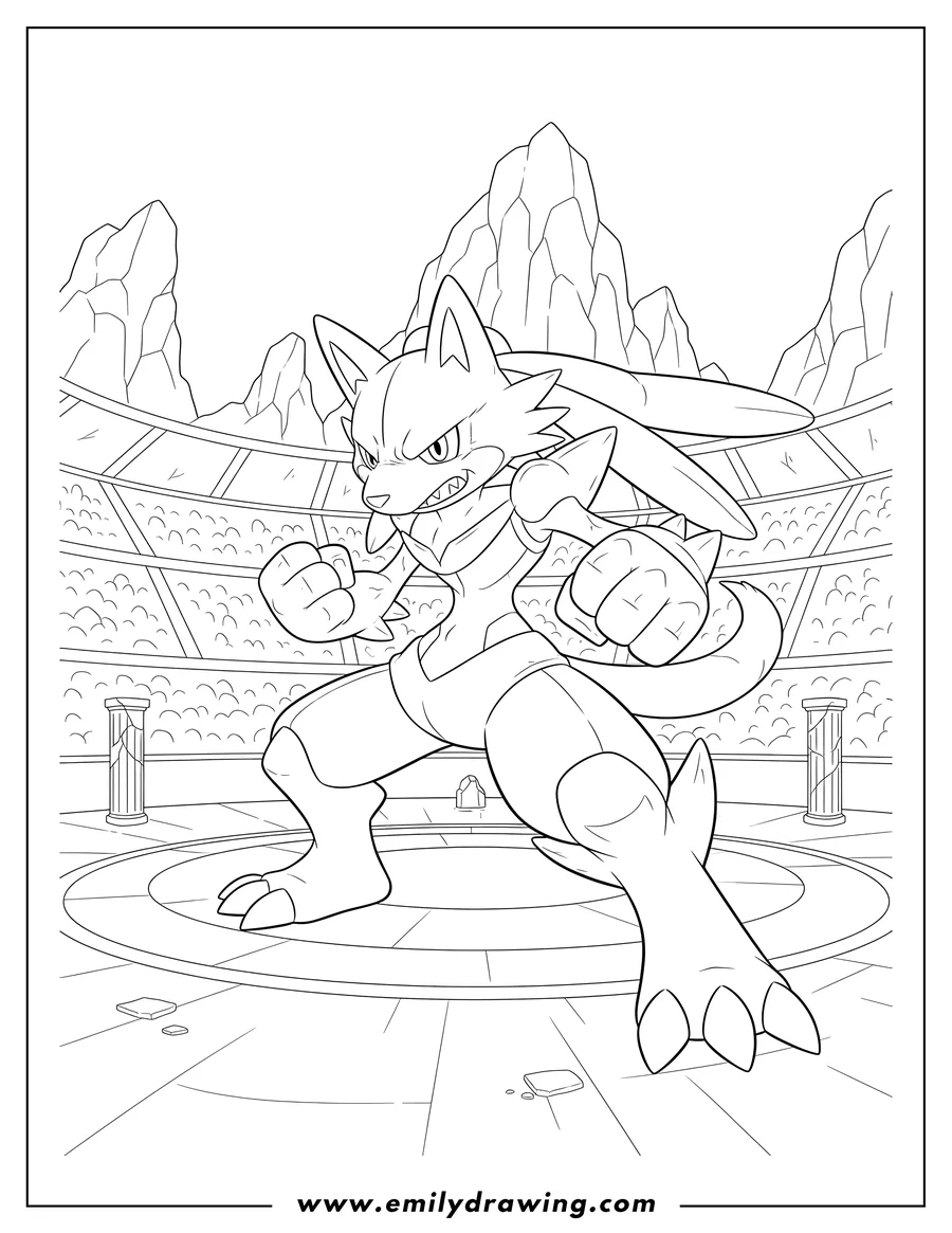Free printable coloring sheet of mega Lucario Dueling Stadium, in an aggressive fighting stance, snarling