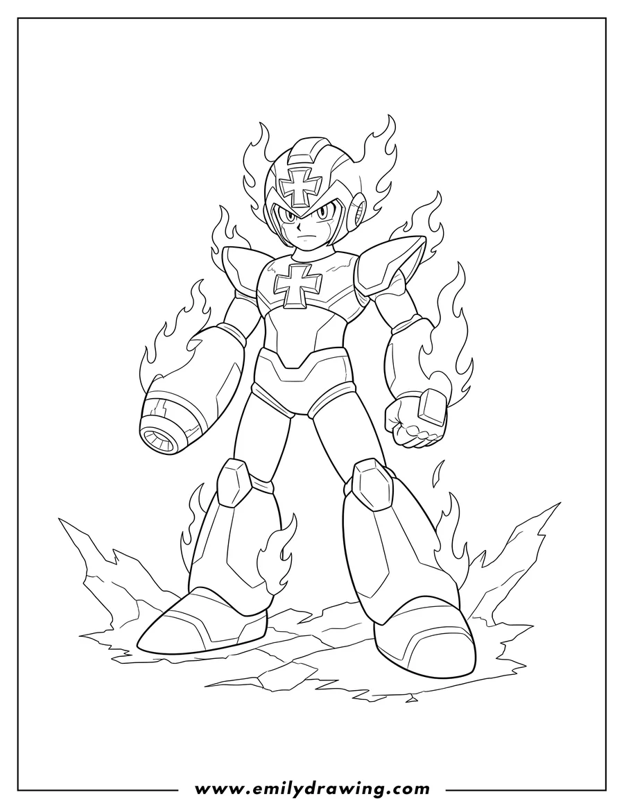 Coloring page of mega Man Flaming Cross Form standing strong