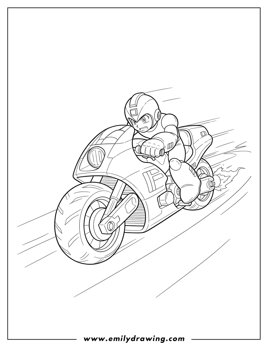 PDF style coloring page: blue Mega Man wearing a helmet riding a Rush Bike, leaning into a turn