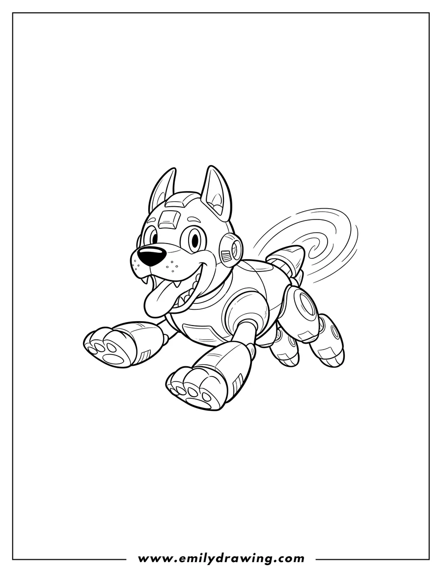 Simple sketch of mega Man Rush, the robot dog, in a dynamic pose, smiling with his tongue out to color