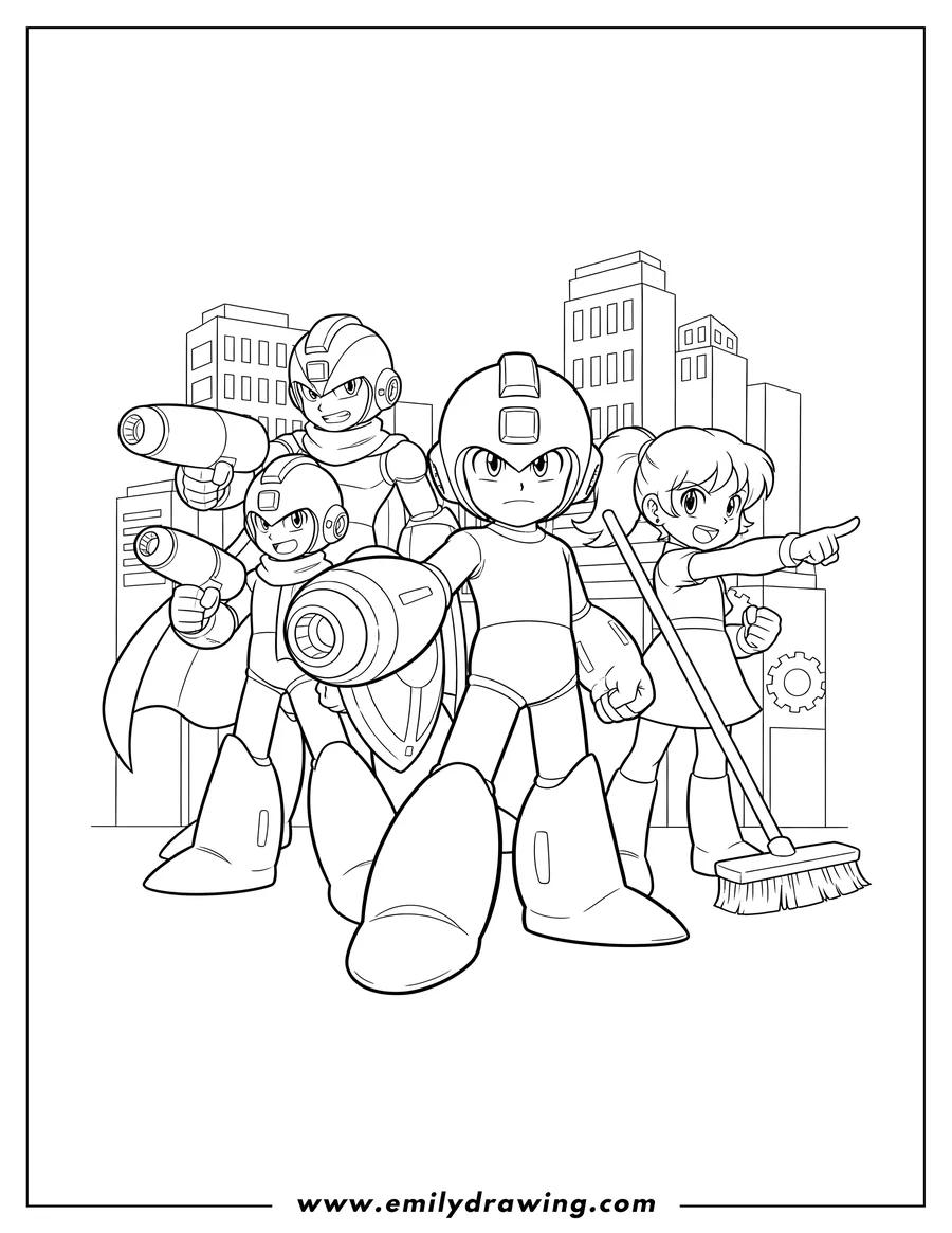 High quality printable mega Man holding his Mega Buster, Roll pointing, Proto Man, and Bass looking determined for coloring