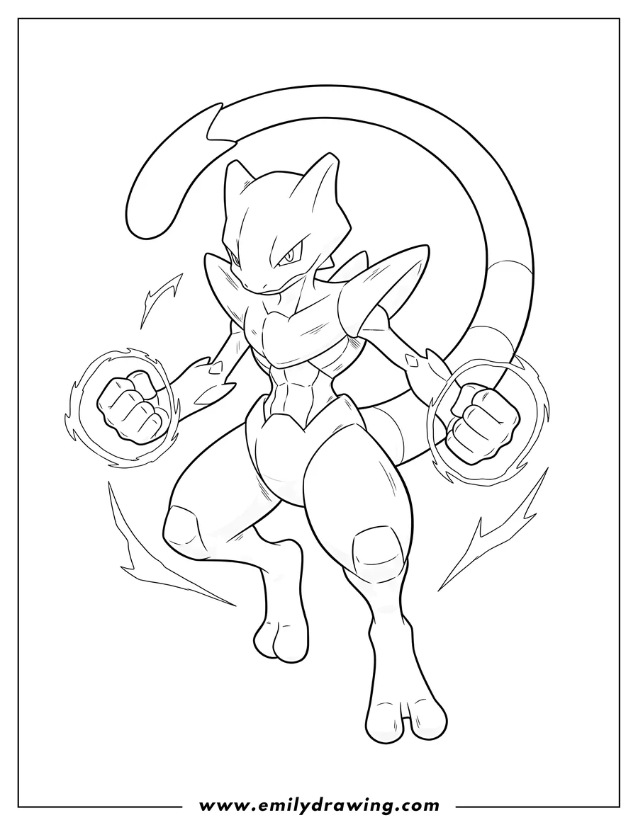 Outline drawing of mega Mewtwo Y in a powerful, dynamic pose with clenched fists