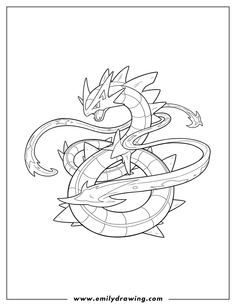 Doodle style coloring picture of mega Rayquaza in a dynamic pose