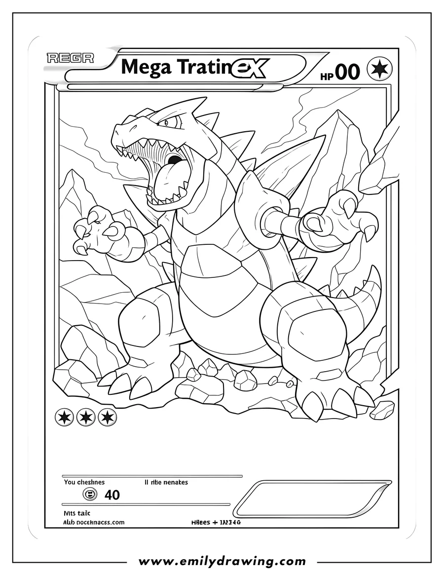 Printable coloring page of mega Tyranitar EX Pokemon card featuring M Tyranitar roaring in an action pose
