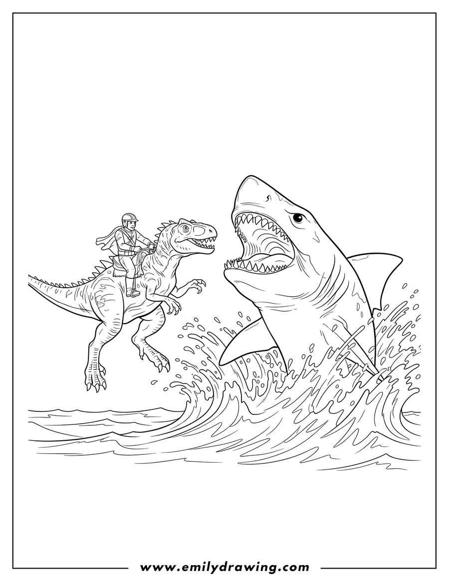 Coloring page of megalodon and a human-ridden dinosaur battling in splashing water