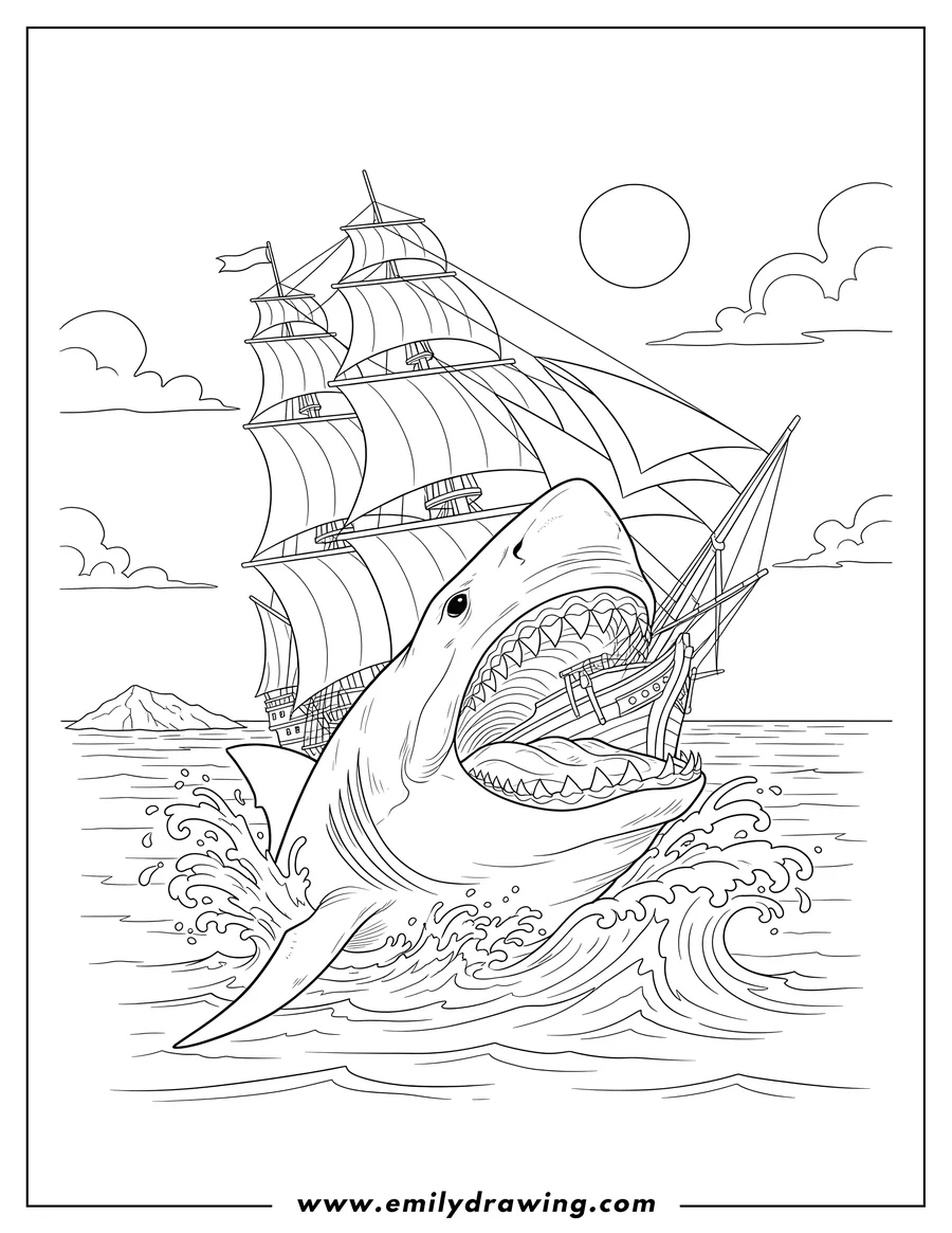 Doodle style coloring picture of megalodon attacking a tall sailing ship with wide open jaws