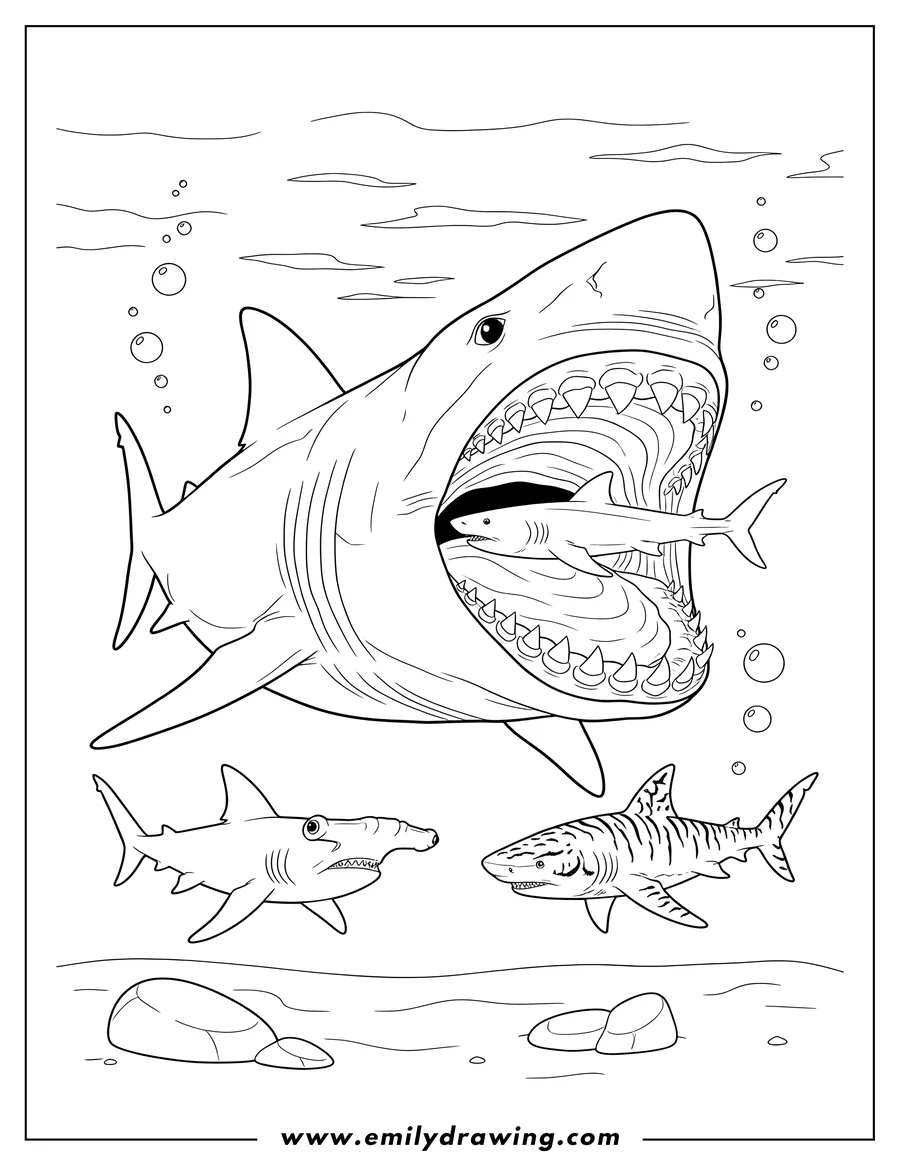 Linear illustration of A Megalodon with its mouth wide open, eating a smaller shark as other sharks swim nearby