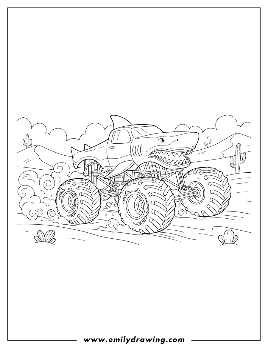 Vector style outline of megalodon Monster Truck Desert, shark-themed, driving