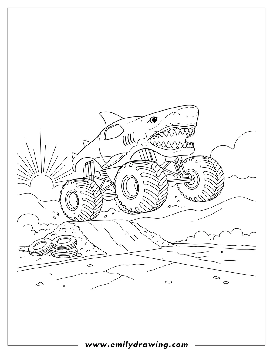 Clean line drawing: megalodon Monster Jam Truck with shark face, going over a ramp on a road