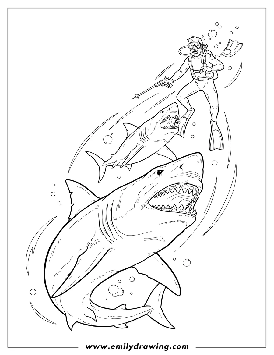 Free printable coloring sheet of megalodon lunging upwards with open mouth at a shark, which is also lunging upwards with open mouth at a diver