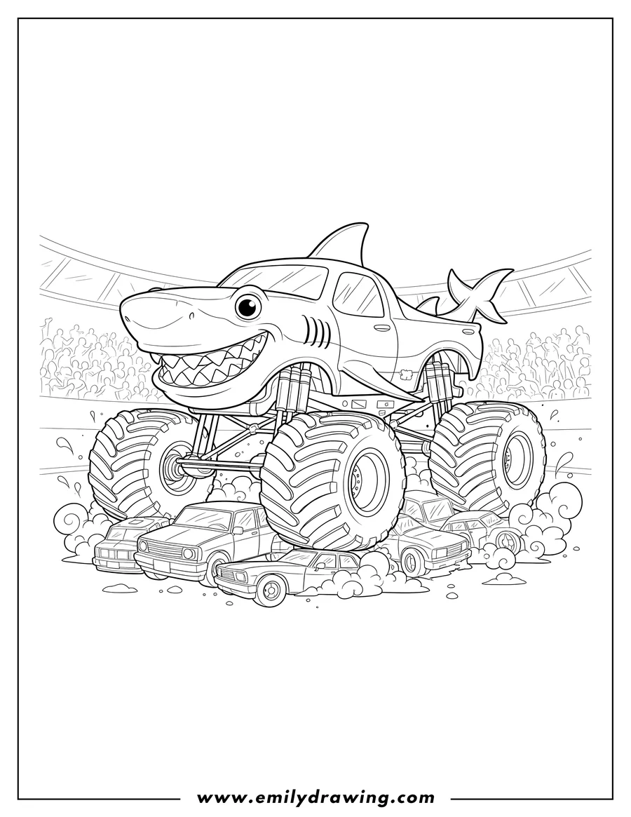Coloring page for kids: magalodon Monster Truck Scaled, with an aggressive shark head and dorsal fin