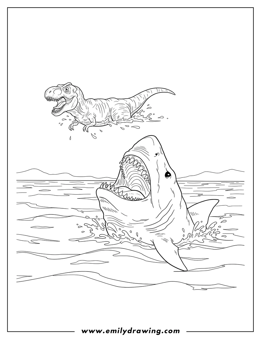 Full page coloring image of megalodon with open mouth rising from below, preying on a T-Rex swimming on the water's surface