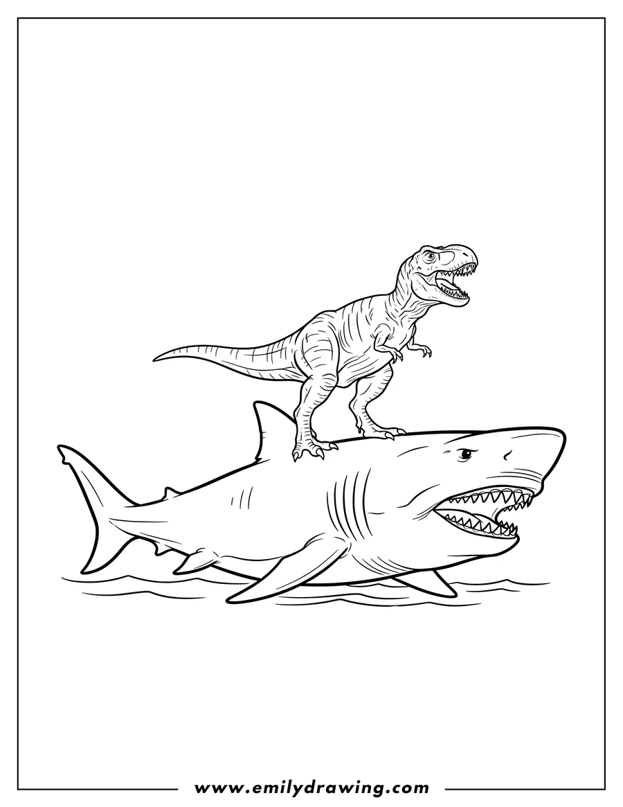 High quality printable megalodon shark and T-Rex dinosaur size comparison, with the T-Rex standing on the Megalodon for coloring