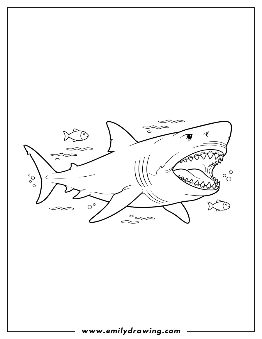 Simple sketch of megalodon swimming with its mouth wide open, showing sharp teeth to color