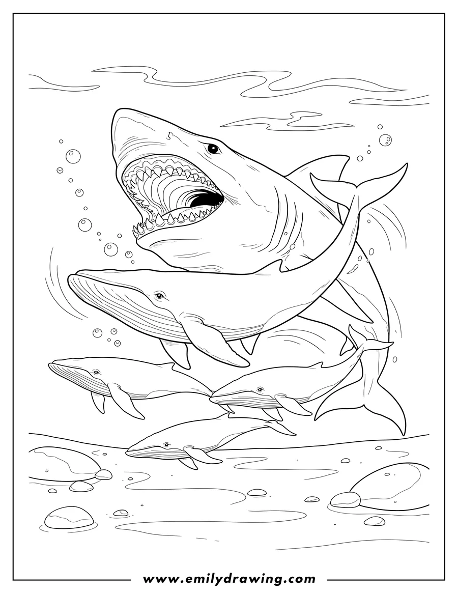 Coloring sheet featuring megalodon with wide open mouth attacking whales