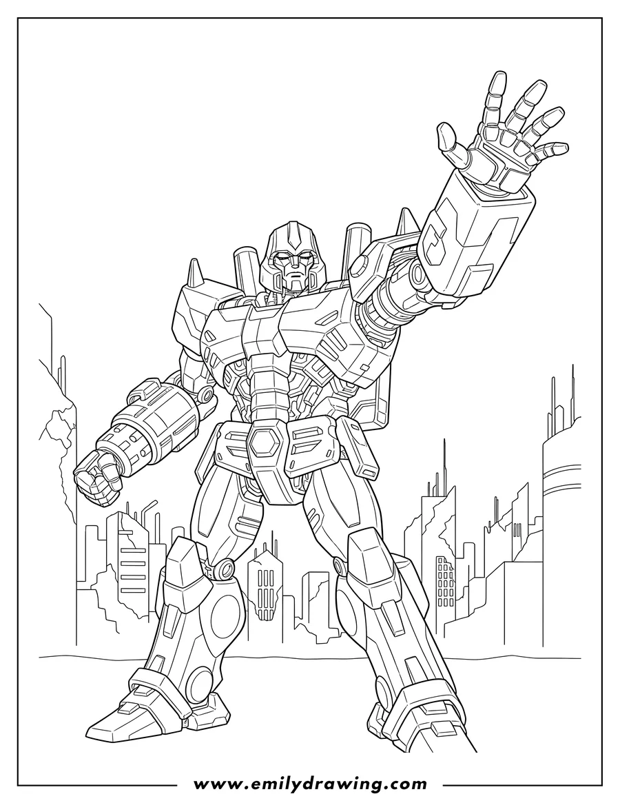 PDF style coloring page: megatron, in his detailed armored form, standing powerfully with a raised arm and clawed hand