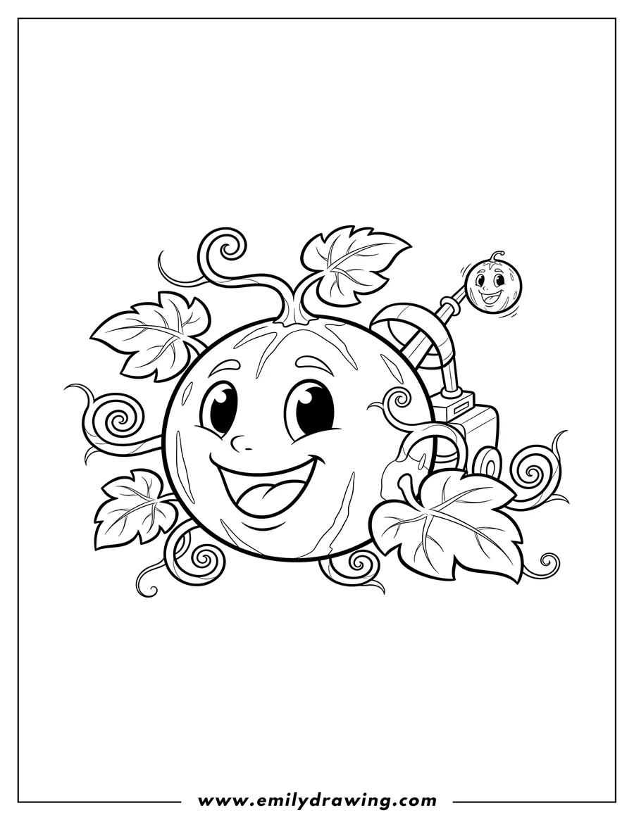 Outline drawing of melon Pult with a happy face and curly vines