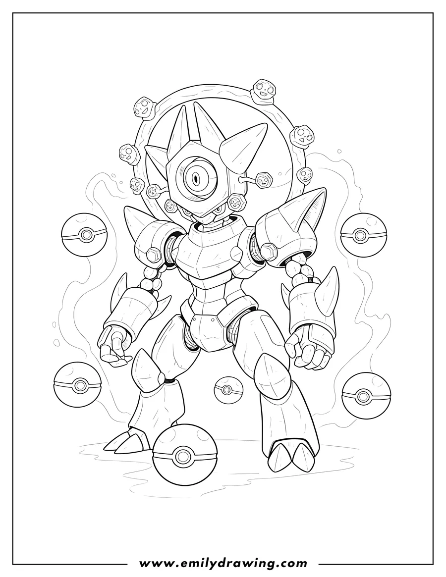 Coloring page of meltan God Form Arceus, heavily armored and surrounded by several Poke Balls