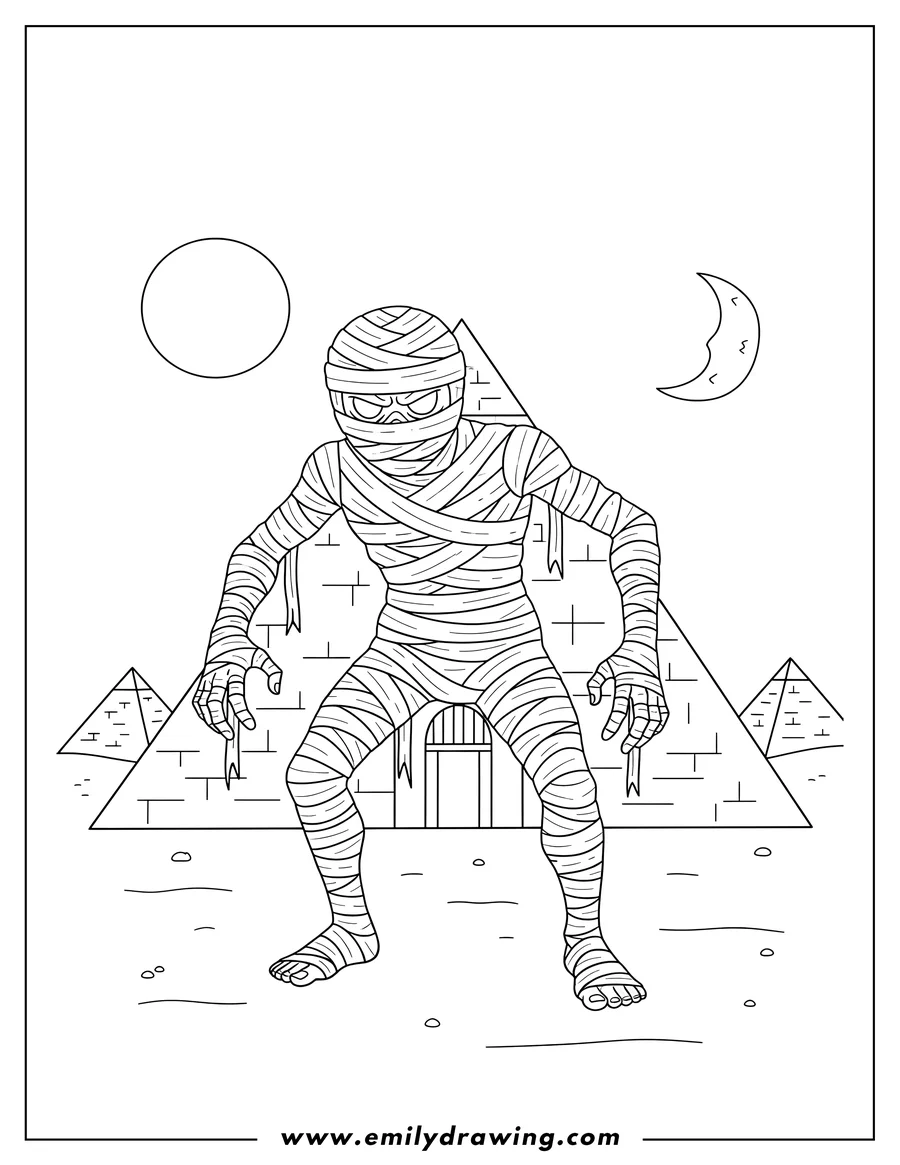 Full page coloring image of menacing Egyptian mummy creeping outside a pyramid