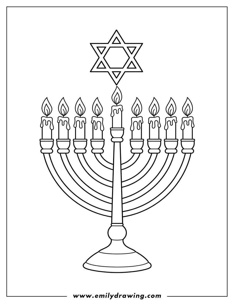 Printable line art of menorah With Candles Lit, with 9 candles and a Star of David, for coloring