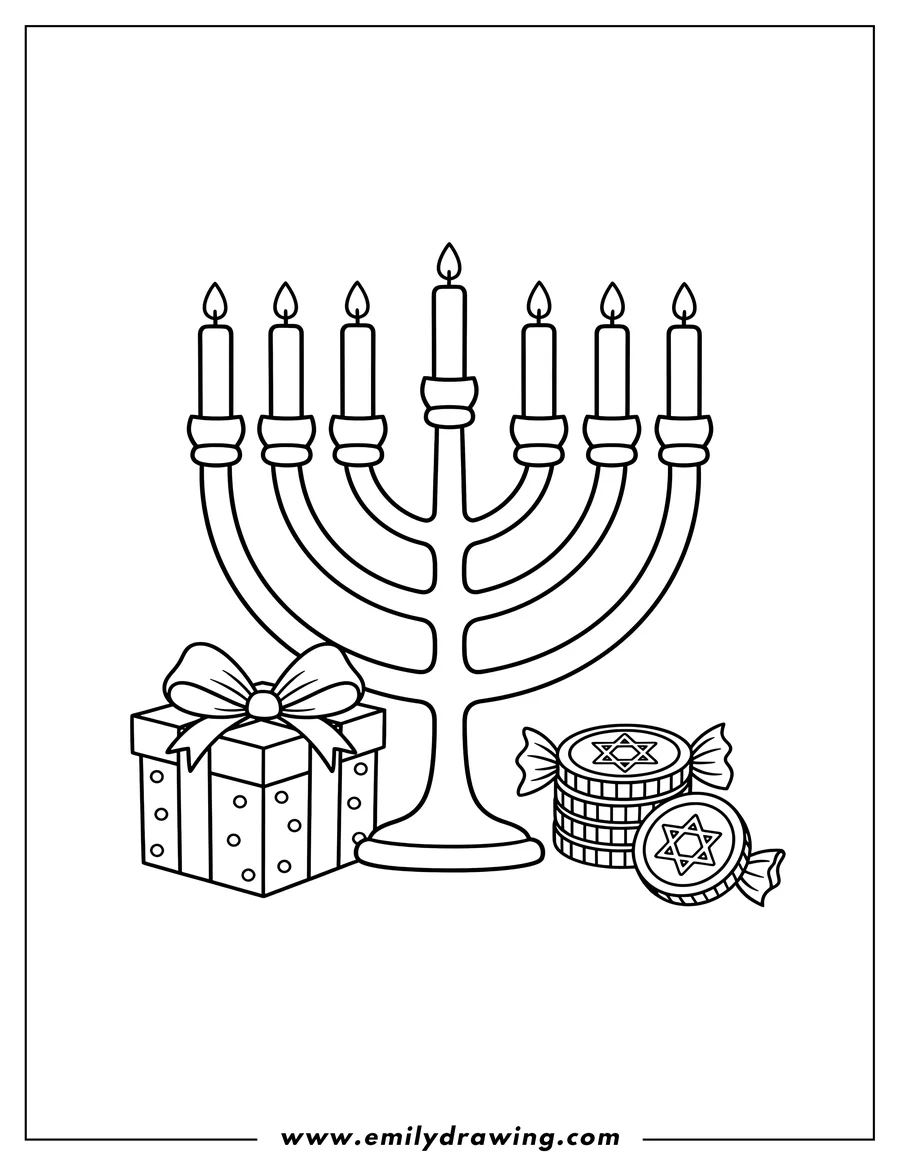 Simple sketch of 9-candle Menorah with a gift box and stack of chocolate gelts for Hanukkah to color