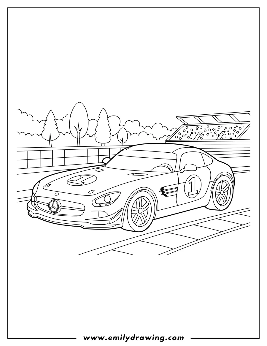 PDF style coloring page: mercedes Sports Race Car with number 1 on a track, To Color Scaled