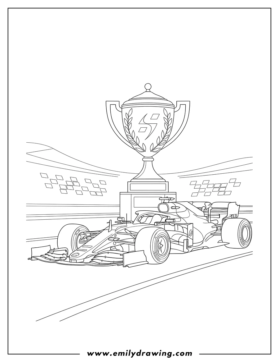 Linear illustration of mercedes W14 F1 Race Car in front of a trophy on a stand