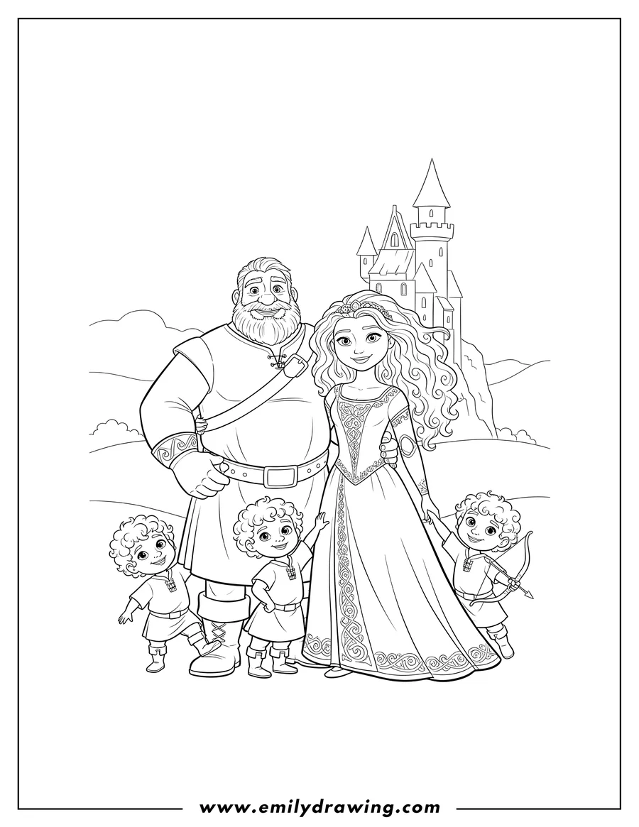Clean line drawing: merida King Fergus Queen Elinor And Harris Hubert And Hamish, with King Fergus's arm around Queen Elinor, posing as a family
