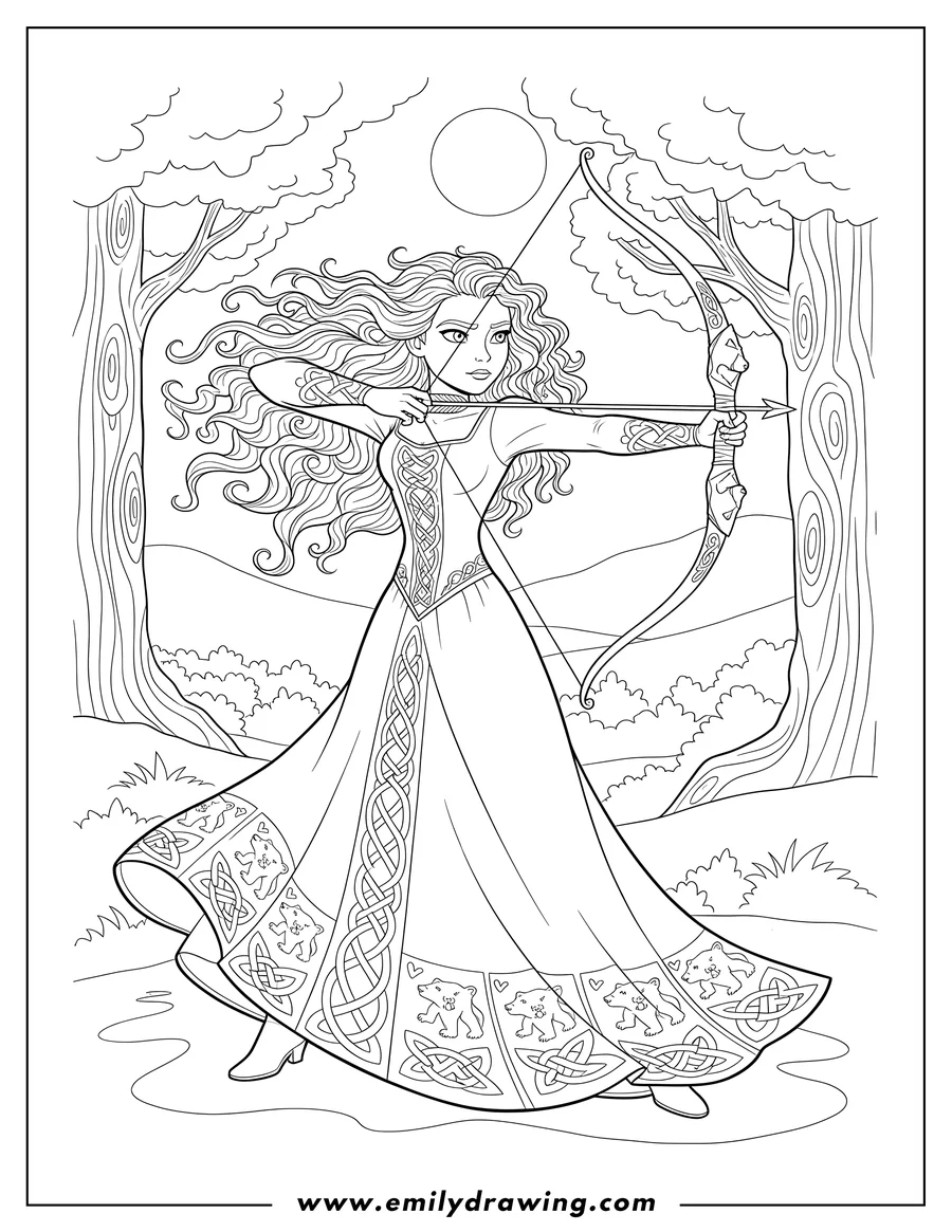 Linear illustration of merida with long curly hair, drawing a bow and arrow, wearing a long patterned dress