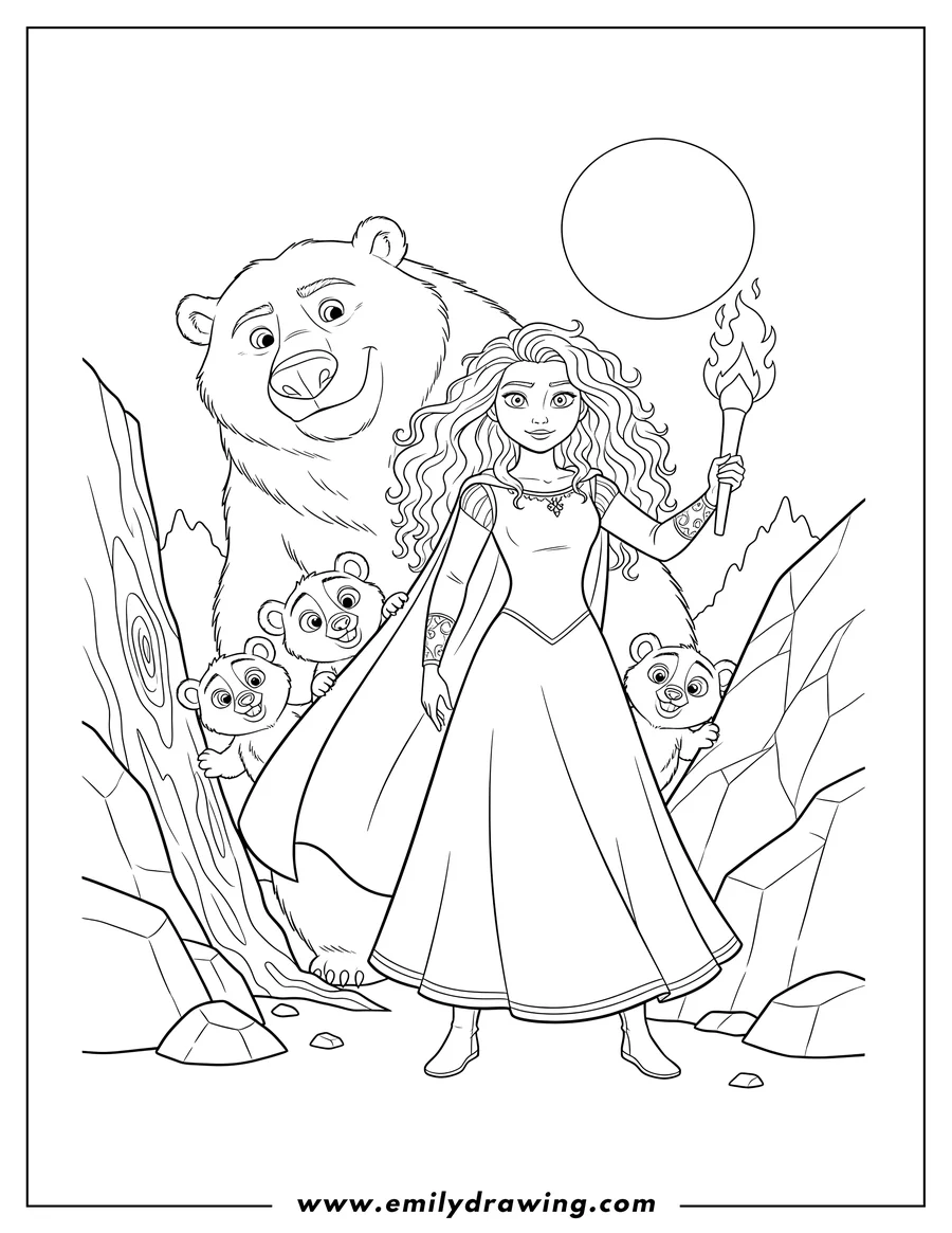 Free to print drawing of merida holding a torch, with Bear Queen Elinor and the triplets peeking out