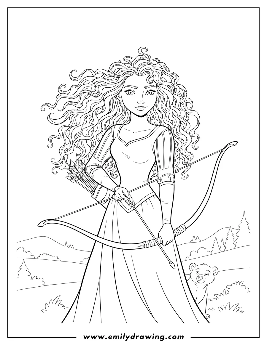 Vector style outline of merida From Brave with long curly hair holding a bow and a quiver of arrows
