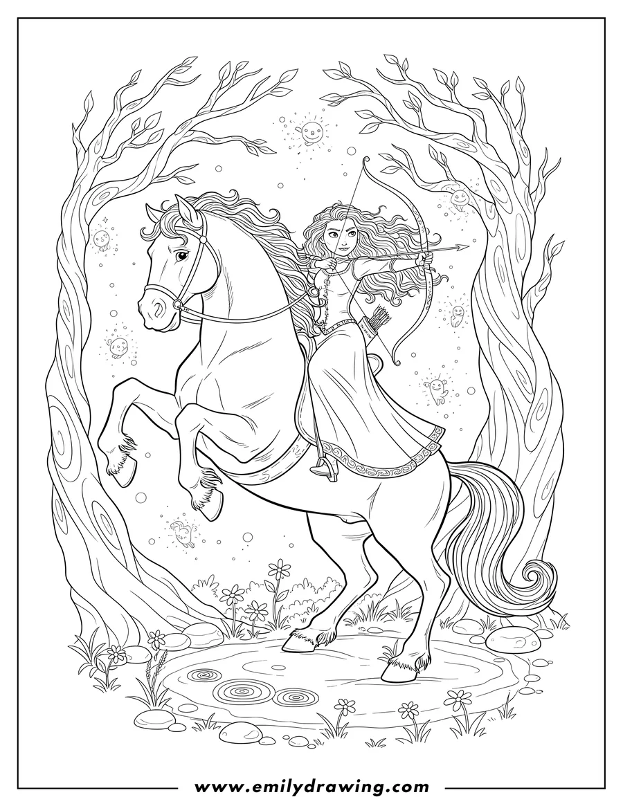 Coloring page of merida on a rearing horse, holding a bow, in a magical forest