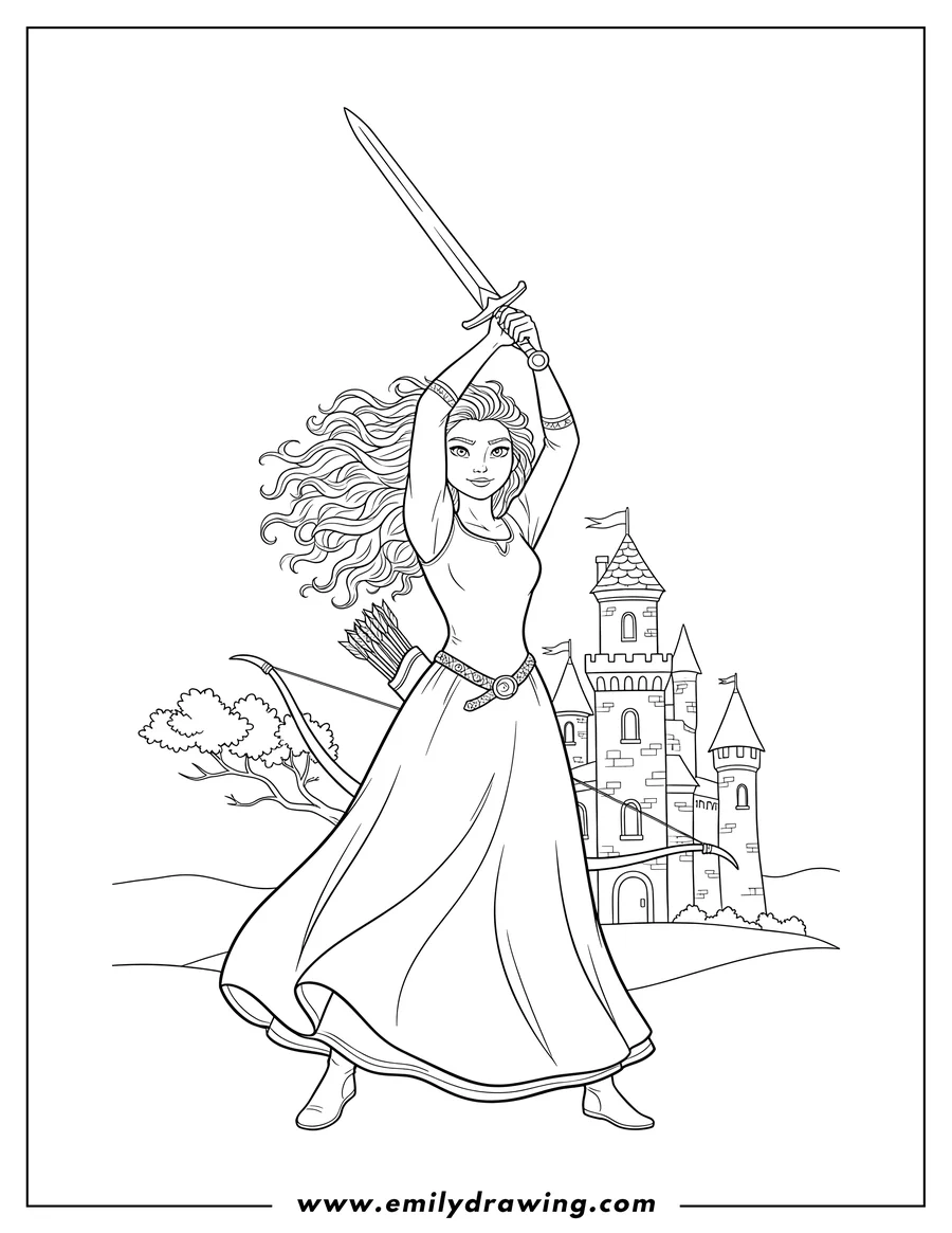 Coloring sheet featuring merida raising a sword above her head, wearing a bow and quiver, outside a castle