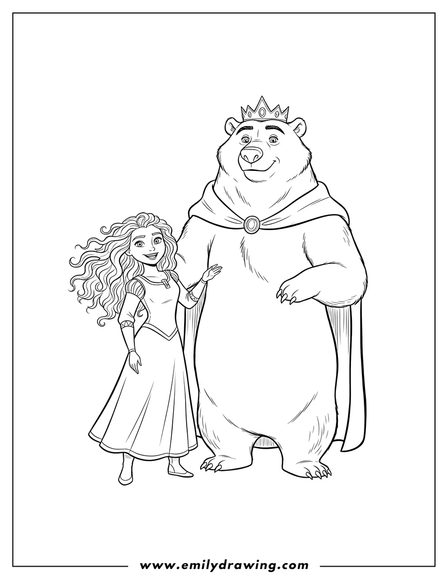 High quality printable merida smiling and holding the arm of bear Queen Elinor standing on hind legs for coloring